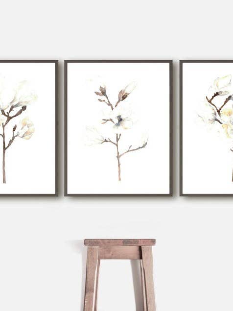 Sæt med 3 Magnolia Blossom Blomster Akvarel Maleri Print for engroshandel hos Goodfairyart