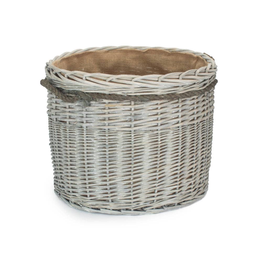 Red Hamper - Wholesale Basket - Wicker Grey Wash Round Hessian Lined Log Basket6
