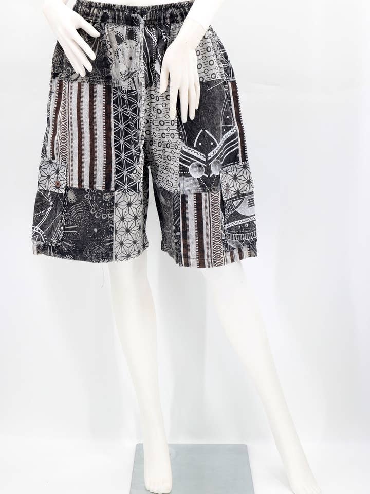 Himalaya Handmade - Vendita all'ingrosso Pantaloncini (non jeans) - Uomo - Pantaloncini Bohemien Patchwork Gheri Bianco e Nero Fatti a Mano in Cotone Hippie1