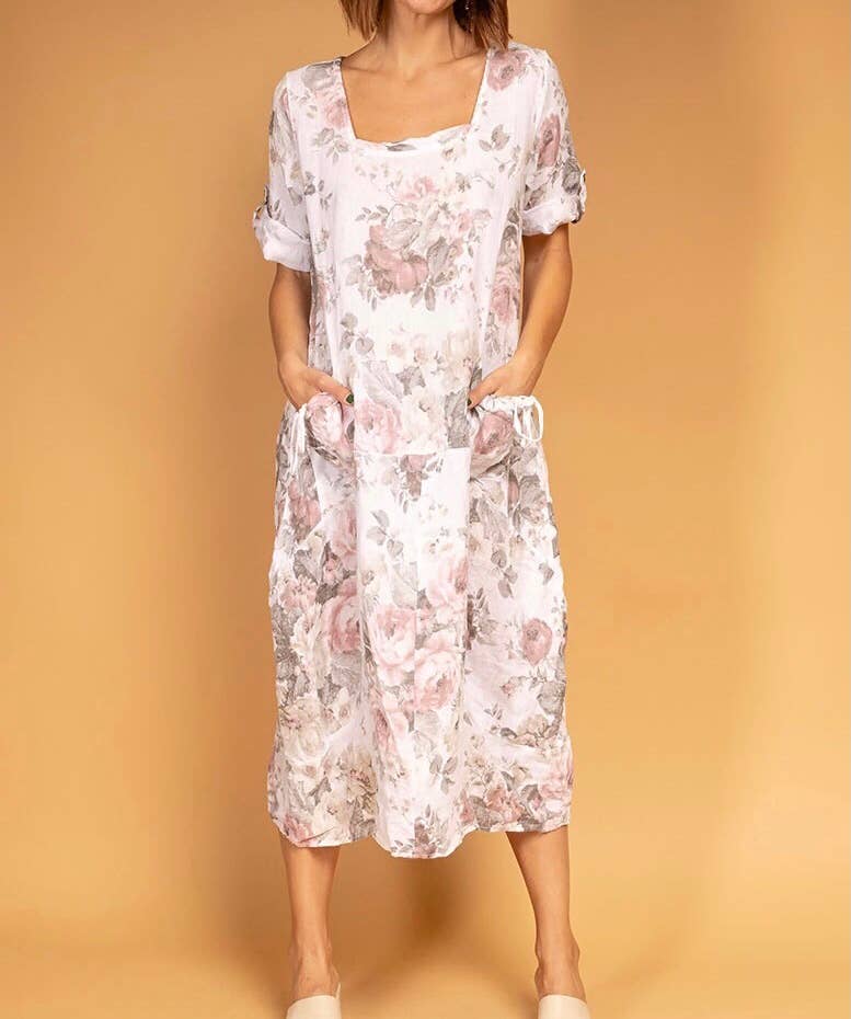 la maison des fibres naturelles – Großhandel Kleid – Damen – Leinenkleid mit floralem Muster, 100 % Leinen, Modell 679670