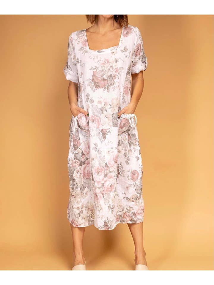 la maison des fibres naturelles – Großhandel Kleid – Damen – Leinenkleid mit floralem Muster, 100 % Leinen, Modell 67967