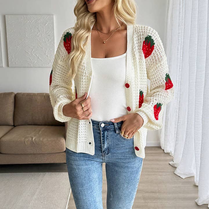 Off white Casual Strawberry Knit Cardigan V-Neck Button Sweater for wholesale on Faire3