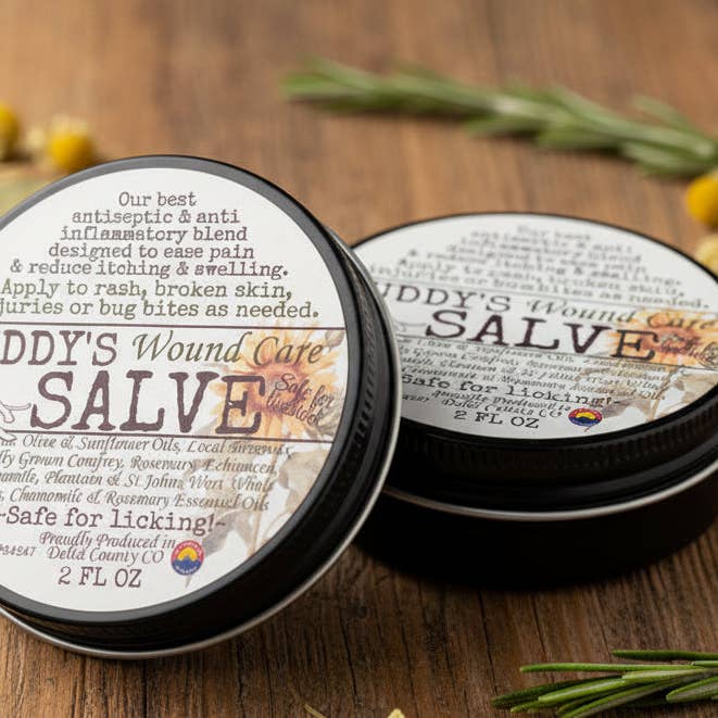 Buddy’s Good Dog Wound Care Salve Gentle Herbal First Aid for Minor Cuts, Scrapes & Bites for wholesale by Smittys Little Farm