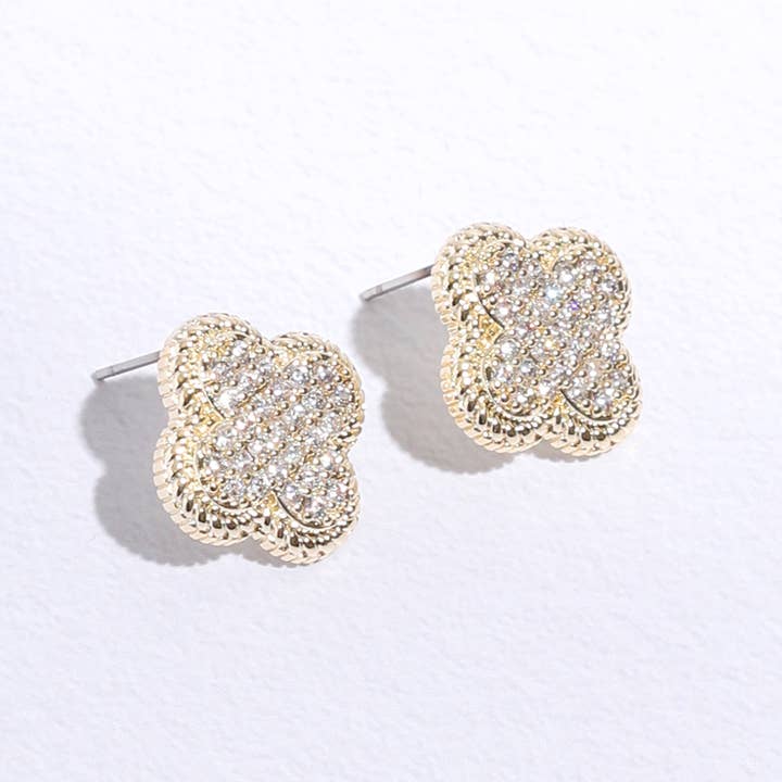 MULTI Gold Plated CZ Clover Two-Tone Post Earrings for wholesale on Faire