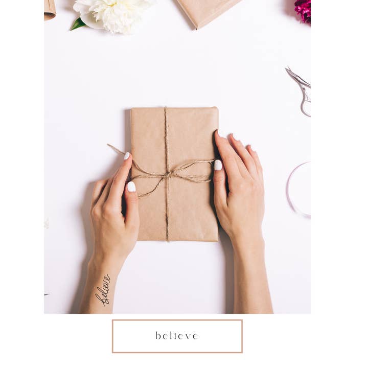 Believe Calligraphy Temp Tattoo | Tatuaje de piel y sombrero para venta al por mayor de Words for a Season