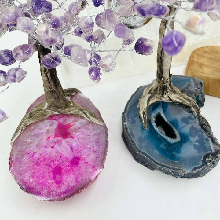 Rock Paradise - Wholesale Spiritual Stone/Crystal - Crystal Chevron Amethyst Tumbled Stone Tree on Agate Slab