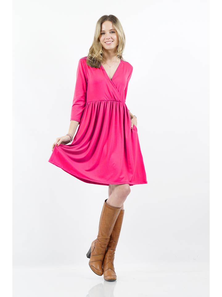 42POPS - Wholesale Tunic - Women's - .SI-15612 3/4 SLEEVE Empire Surplice Shirred TWO-POCKET TUNIC