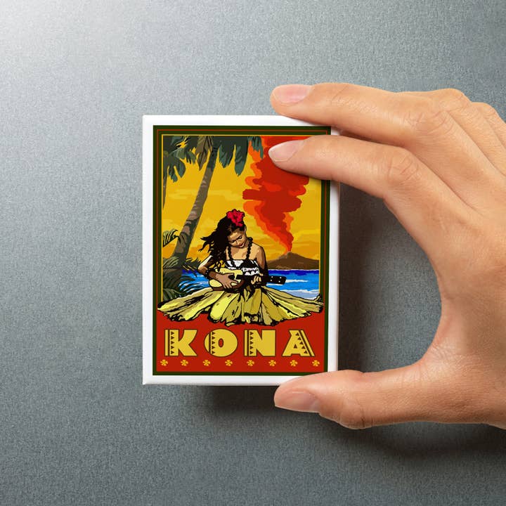 Lantern Press - Vendita all'ingrosso Calamite - MAGNET Kona, Hawaii, Hula Girl e ukulele