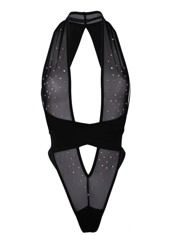 CRISS CROSS Mesh Kristallen Bodysuit / Sexy lingerie / ZWART voor wholesale door EXES LINGERIE
