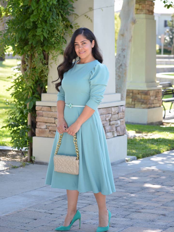 Skirt Society - Venta al por mayor Vestido - Mujer - Vestido Capri Azul Menta Manga Abultada