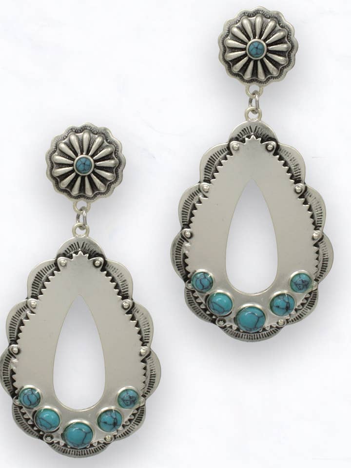 Boucles d'oreilles découpées en forme de goutte d'eau occidentale avec turquoise pour la vente par Suzie Q USA