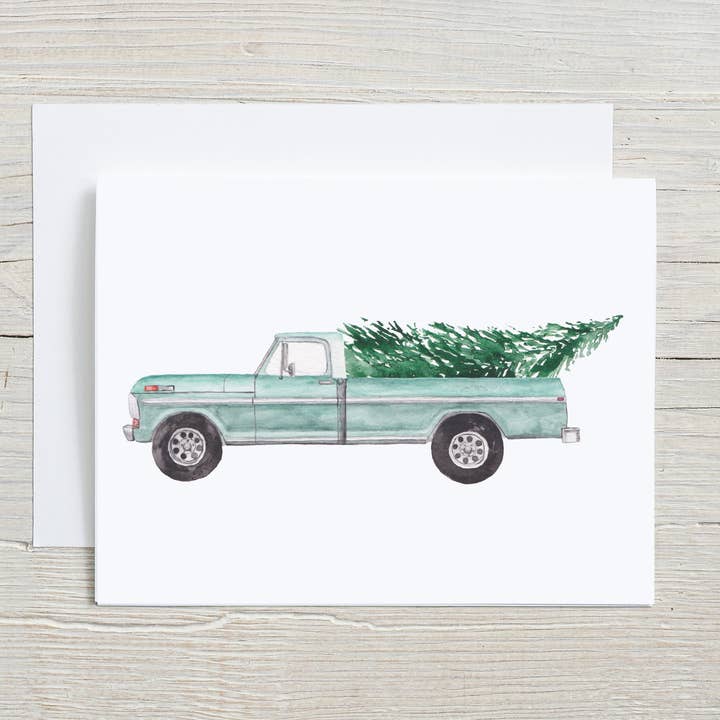 Liz Pope Designs - Wholesale Christmas Card - Truck with tree, hand painted greeting card, Holiday Card