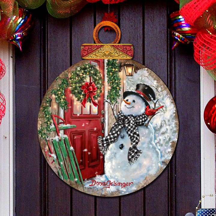 Winter Arrival Snowman Door Wall Hanger Dona Gelsinger for wholesale by Designocracy