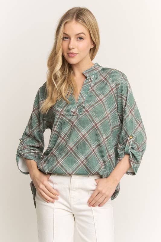 OLIJF ST1002-127 TOP MET KNOOPMOUWEN EN KRAAG IN VEELKLEURIG RUITPATROON voor groothandel op Faire0