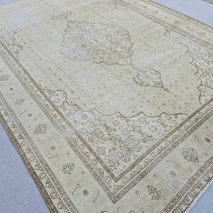 Vintage Rug 9x12 | Large Medallion Area Rug | Hand Knotted Neutral Persian Style Living Room for wholesale by MesopotamiaRugs