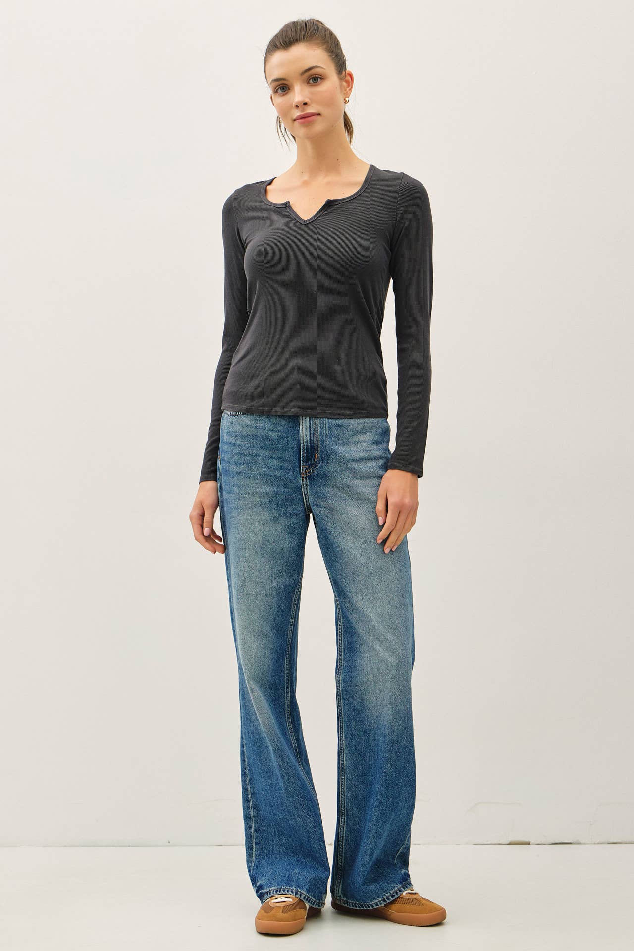 Be Cool - Wholesale Knit Top - Women's -  RIBBED NOTCHED NECK LONGSLEEVE BASIC TOP 1