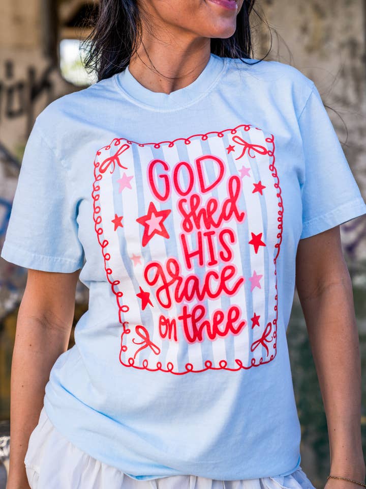 Small Town Society Apparel Co. - Wholesale Screen Printed T-Shirt - Women's - Grace On Thee | Chambray | Short Sleeve