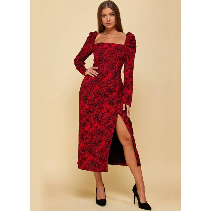ROBE MIDI FRONCÉE IMPRIMÉE ROUGE AVEC FENTE SUR LES CUISSES CD0017-FM602 pour la vente par Winslow Collection