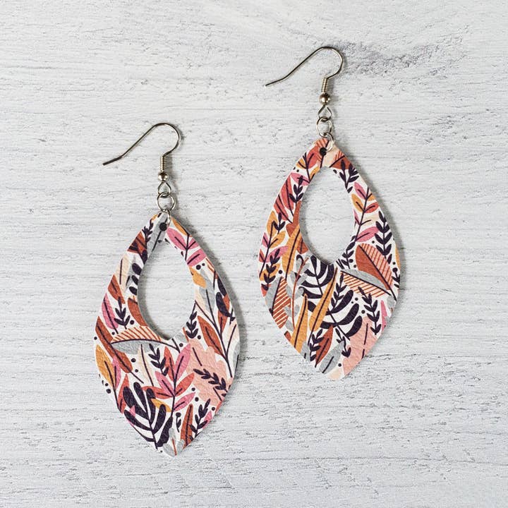 Fall Floral Leather Open Teardrop Earrings for wholesale by The Purple Chickadee