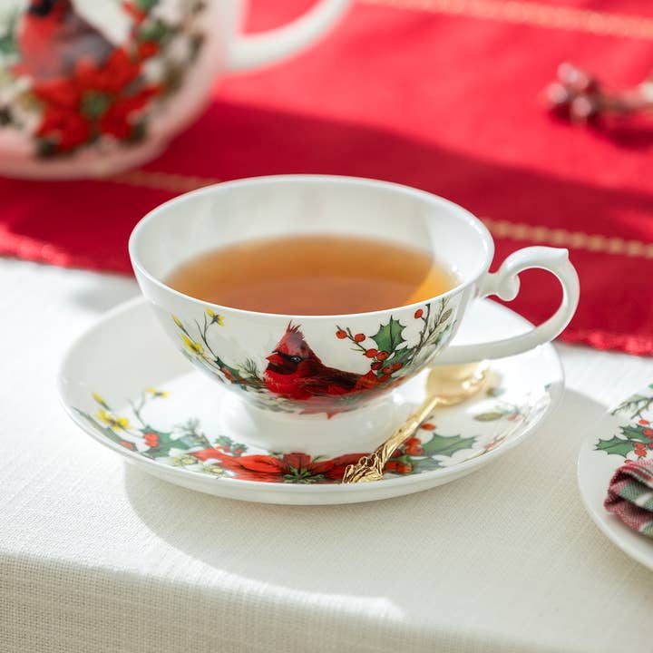 Grace Teaware - Wholesale Coffee/Tea Cup - Cardinal Poinsettia 7oz Bone China Cup and Saucer