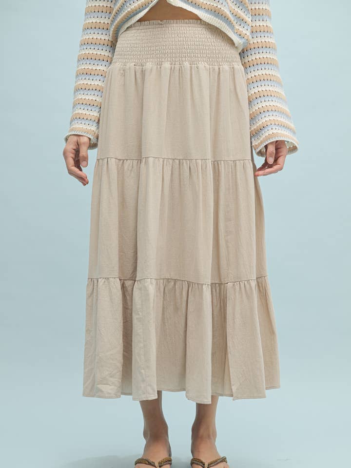 TAUPE COTTON TIERED MIDI SKIRT / WL24-9880 for wholesale on Faire