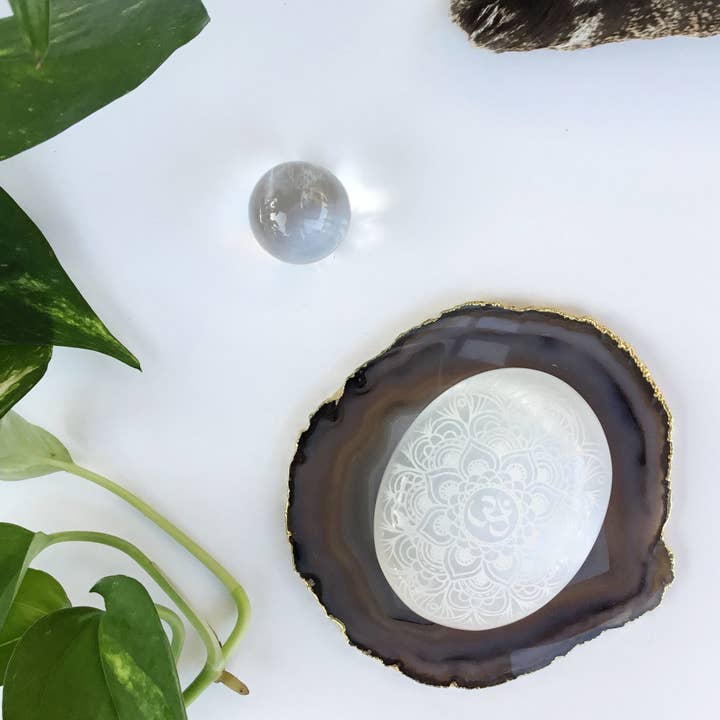 Fractalista Designs - Wholesale Spiritual Stone/Crystal - Etched Selenite Meditation Palm stone "Om Mandala"1