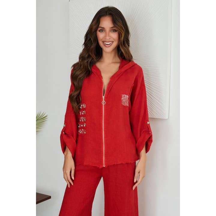 CASACO COM CAPUZ E FECHO ZIP EM LINHO COM MANGAS ARREGAÇADAS (30340) por atacado de VENTI6