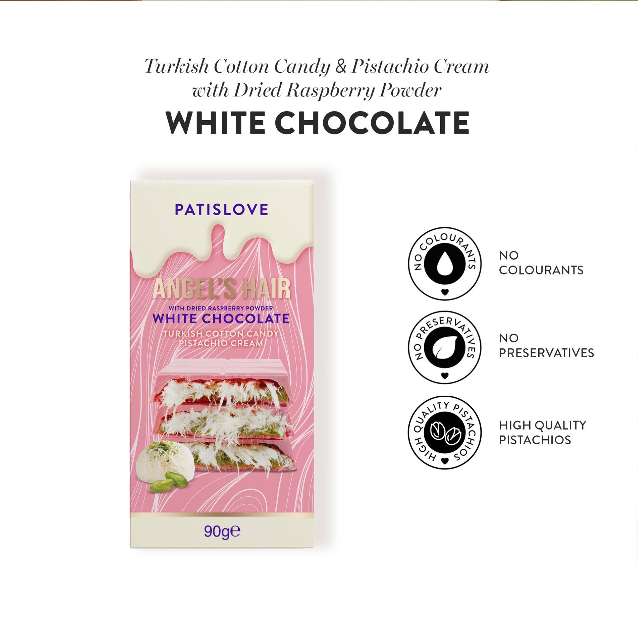 Patislove - Wholesale Chocolate Bar - Angel’s Hair White Chocolate with Dried Raspberry Powder,90G3