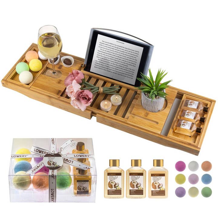 Lovery - Wholesale Bath & Body Set - Bamboo Bathtub Caddy Gift Set - Expandable Tray + Bath Bombs
