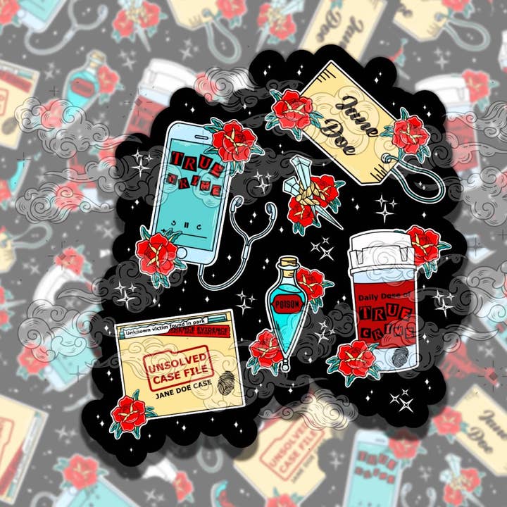 Pegatina de vinilo colorida y linda de tatuaje flash de crimen real. para venta al por mayor de Sticky Sadness Designs