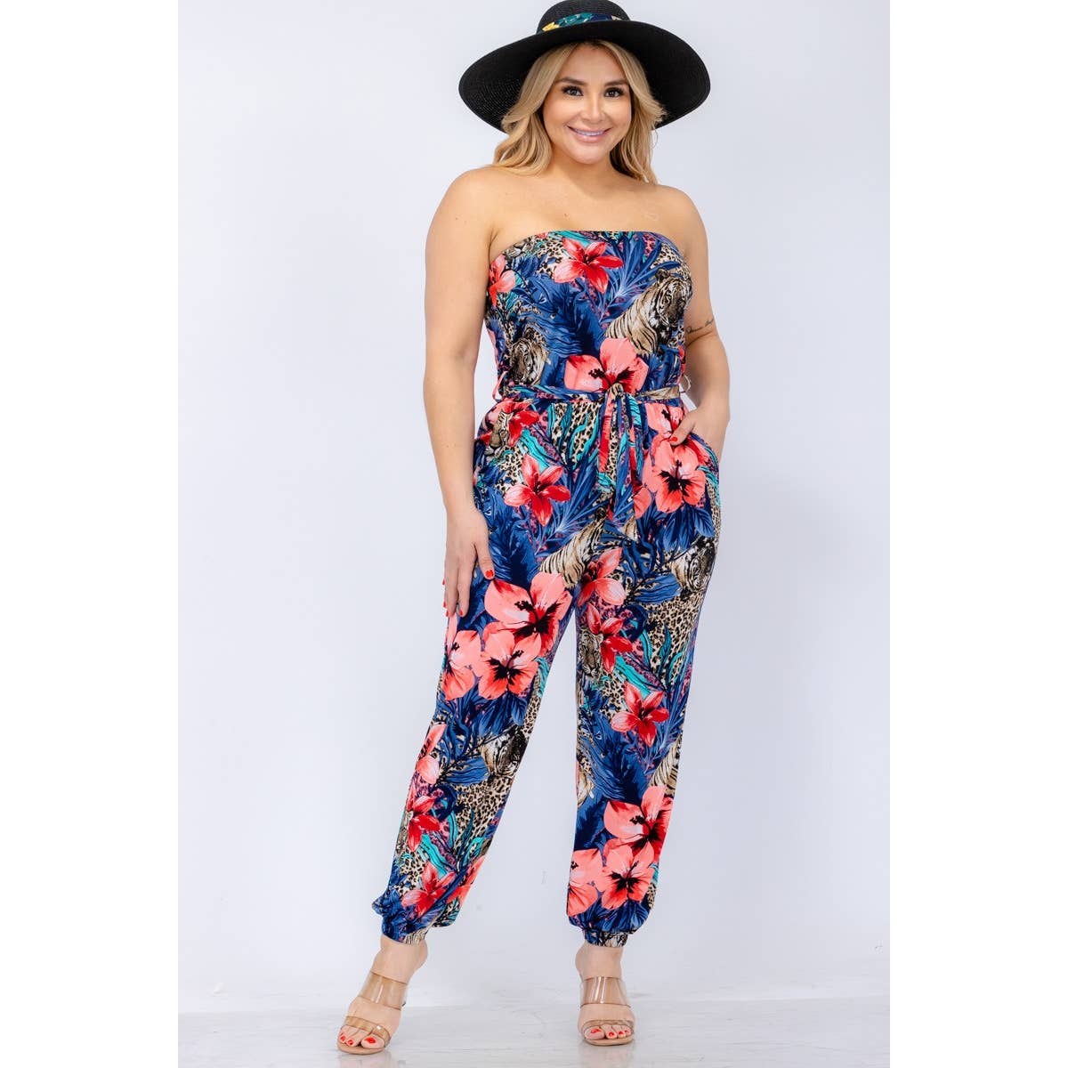 Curve Market – wholesale Jumpsuit – Women's – PLUS SIZE TROPICAL LEOPARD TUBE STRAPLESS JOGGER JUMPSUIT0