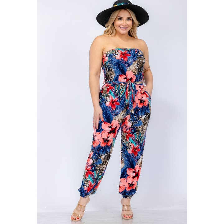 Curve Market – wholesale Jumpsuit – Women's – PLUS SIZE TROPICAL LEOPARD TUBE STRAPLESS JOGGER JUMPSUIT
