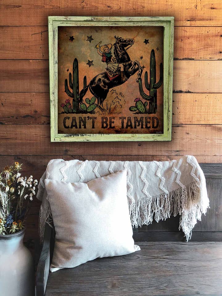 Can't be Tamed Cowgirl - Œuvre d'art carrée encadrée pour la vente par TroubleMaker Trading Company