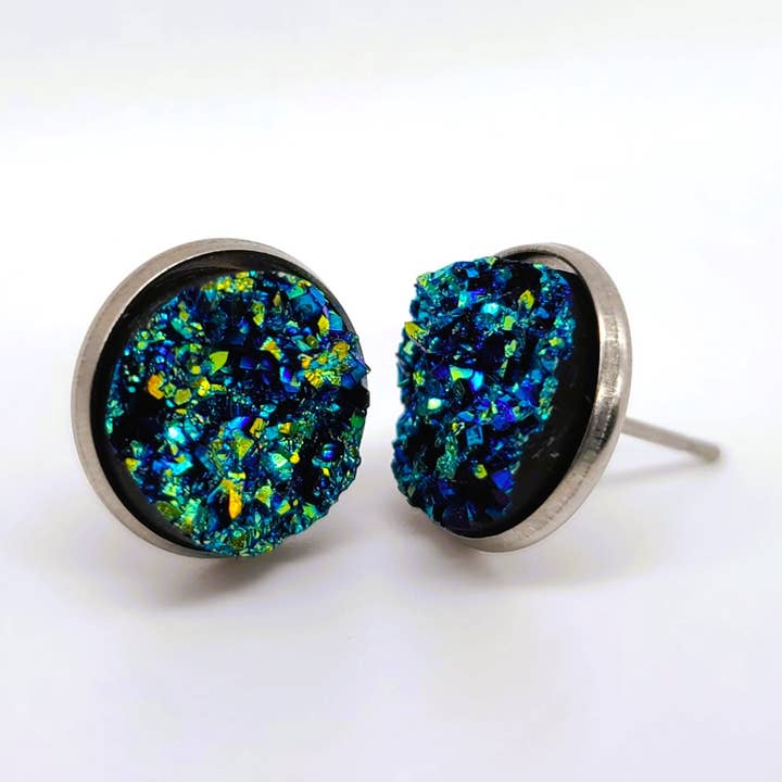 Iridescent Blue-Green Druzy Stone Post Earrings for wholesale by JEMS of the Sea