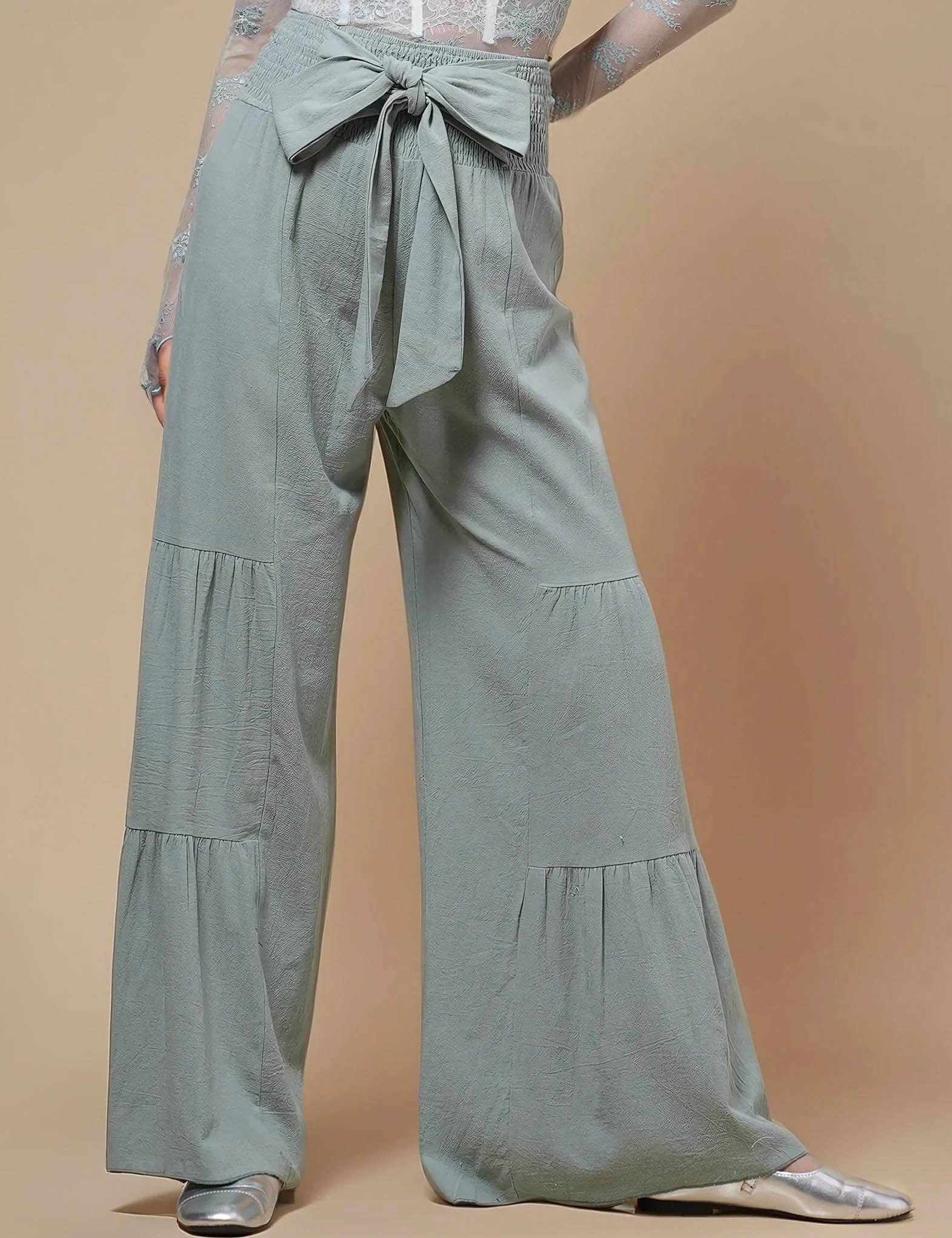 Sweetkama - Wholesale Pants – Women's - Ladies High Waist Fold Wide Leg String Tie Pants SKP5046713