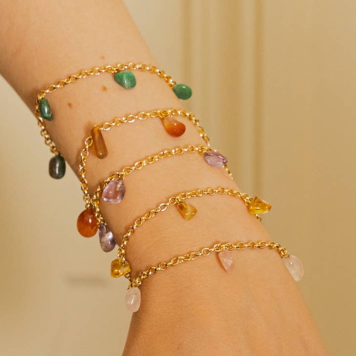 Byart – Pulseira com pendente por atacado – Quartzo Verde - Tumbled 5 Pedras - Pulseira - Banhado a Ouro