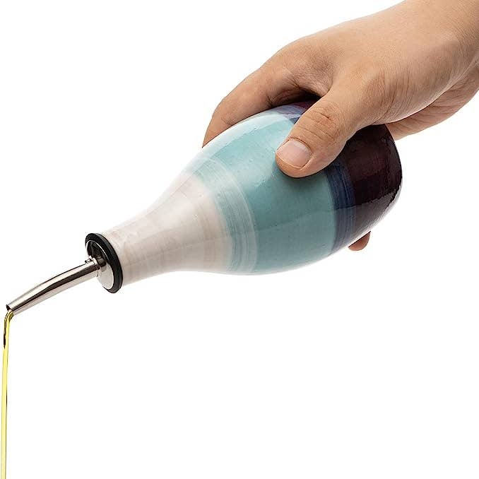 The Wine Savant / Khen Glassware - Wholesale Oil/Vinegar Dispenser - Cruet Ceramic Olive Oil Dispenser Bottle - 6" H 3" W (Blue)