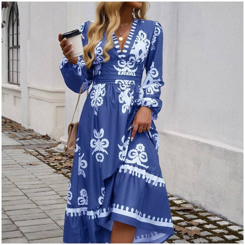 FurDecoration - Vente Robe – femme - Robe élégante à manches longues et col en V imprimé2