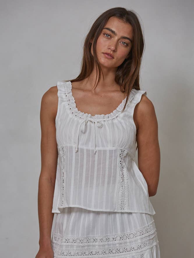 L8319 | Woven Cotton Scoop Neck Lace Detail Sleeveless Top for wholesale by By Together