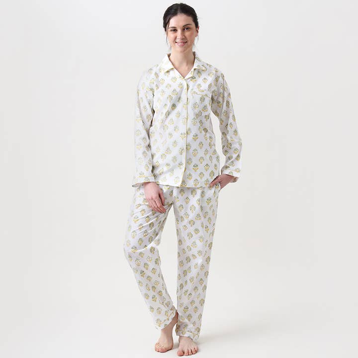 Women Madison Blockprint Pajama Set (Yellow/Green) for wholesale by Little West Street