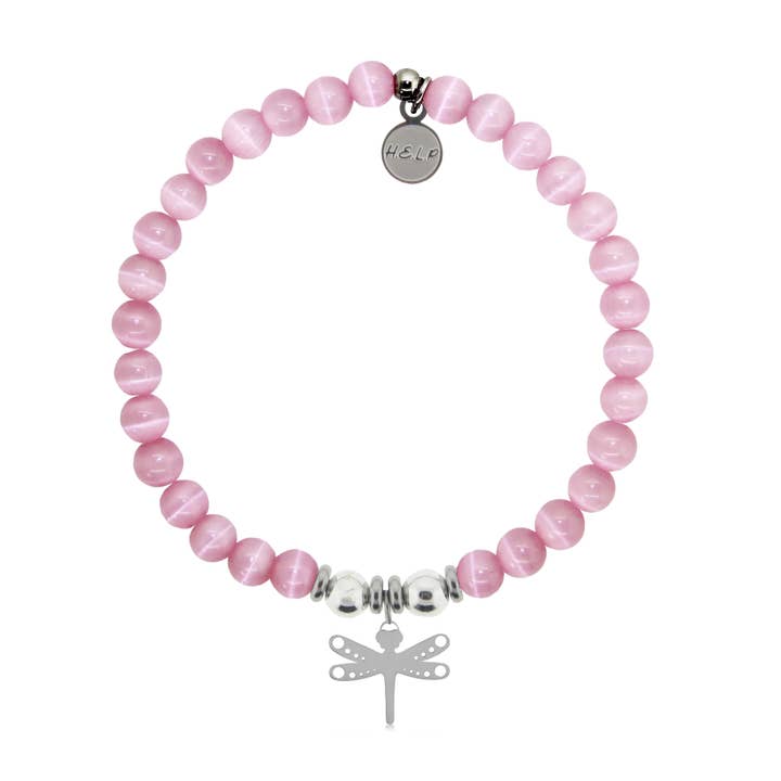 Dragonfly Charm with Pink Cats Eye Charity Bracelet for wholesale by H.E.L.P