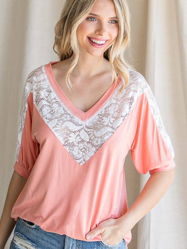 Chevron Sheer Lace Contrast V Neck Short Sleeve Top T4140 for wholesale by 7th Ray