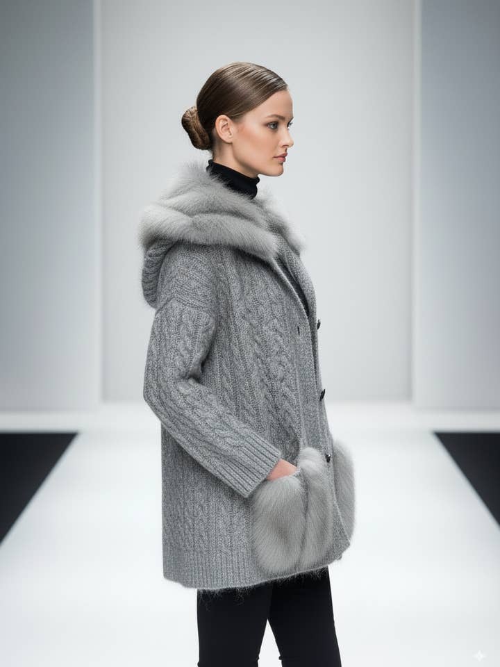 CCIC New York - Wholesale Cardigan - Women's - Faux Fur Cardigan Cable Knit Sailor Collar Statement5