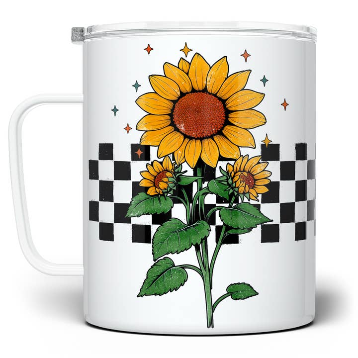 Mug isotherme tournesol à carreaux, cadeaux rétro floraux des années 90 pour la vente par Loftipop