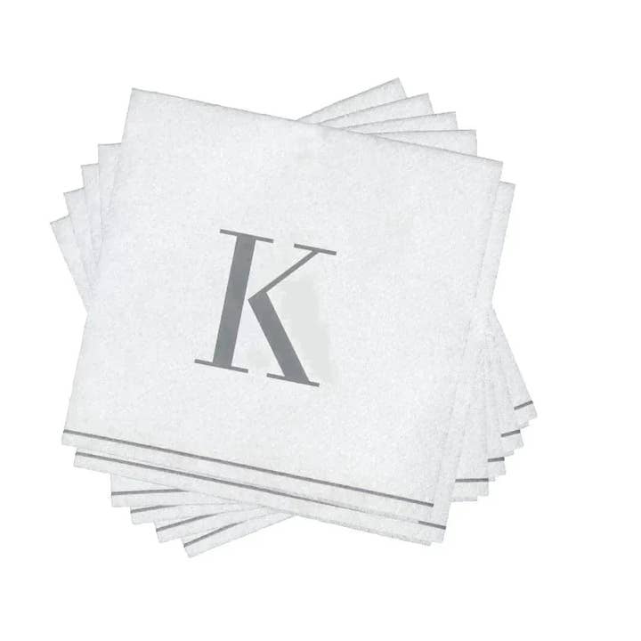 Luxe Party - Wholesale Disposable Napkin - K Silver Monogram Cocktail Paper Napkins | 16 Napkins