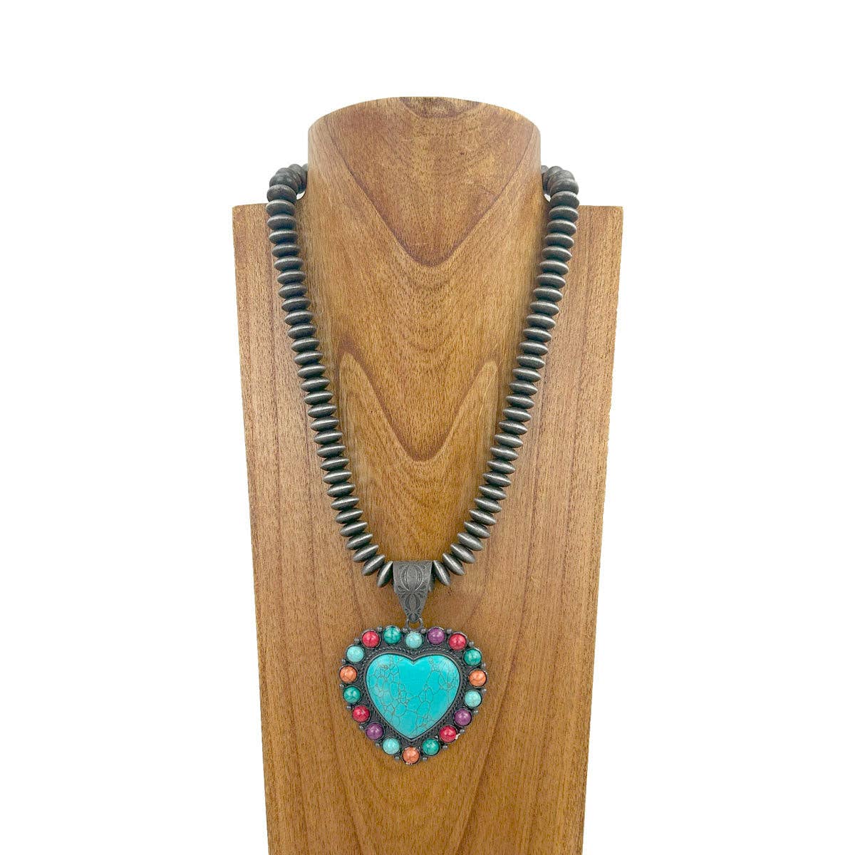 Western Elite Jewelry - Vendita all'ingrosso Collana con ciondolo/pendaglio - NKZ231124-25 Collana con perle Navajo in argento da 21 pollici con pendente in pietra a cuore turchese blu4