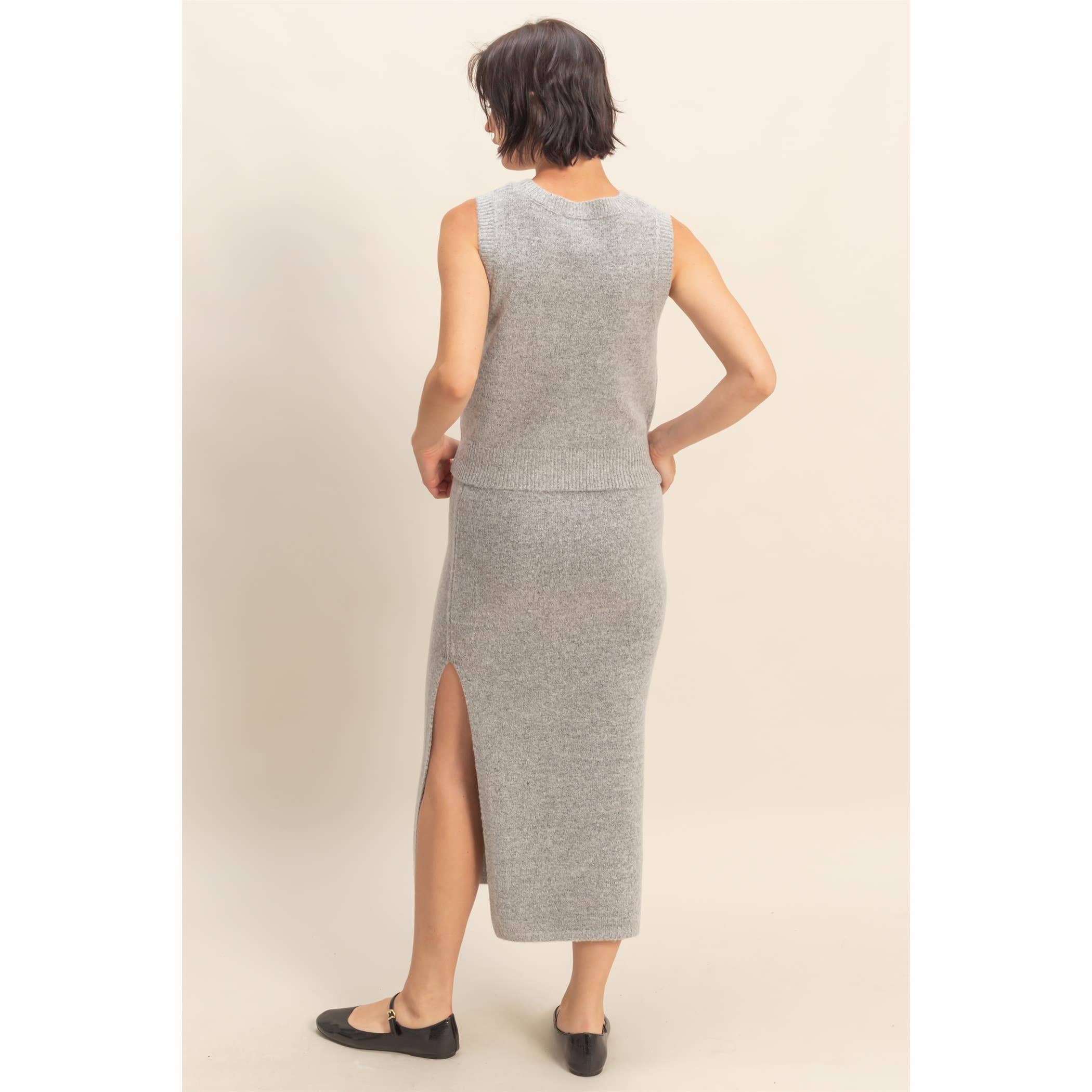 Double Zero - Wholesale Top & Skirt Set - Women's - Button Front Vest & Midi Skirt Knit Set23