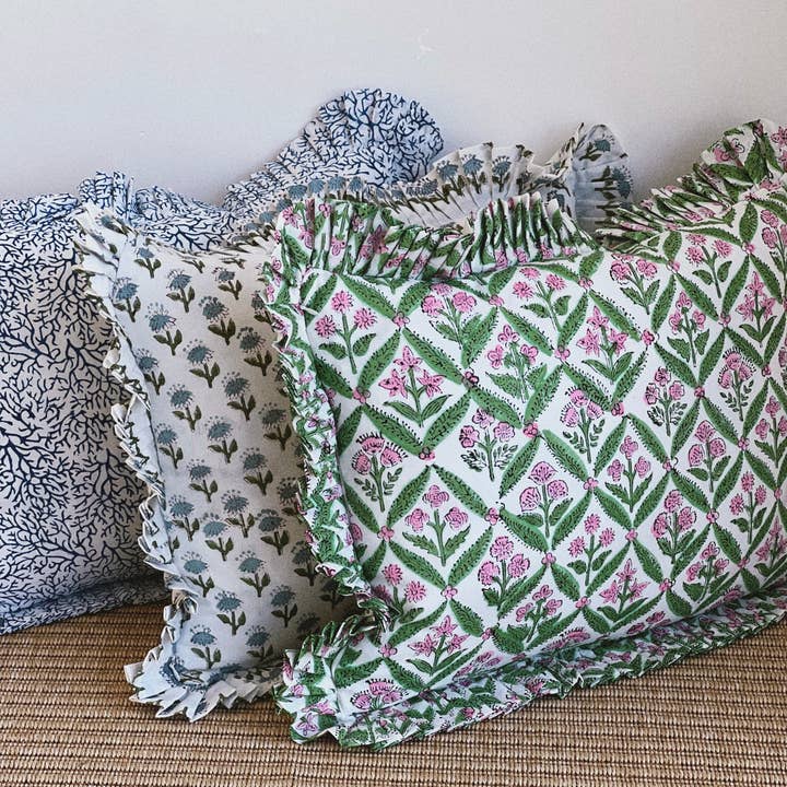 Cristina Cisneros - Wholesale Chair Cushion - BLOCK PRINT FLORAL GREEN RUFFLE CUSHION4