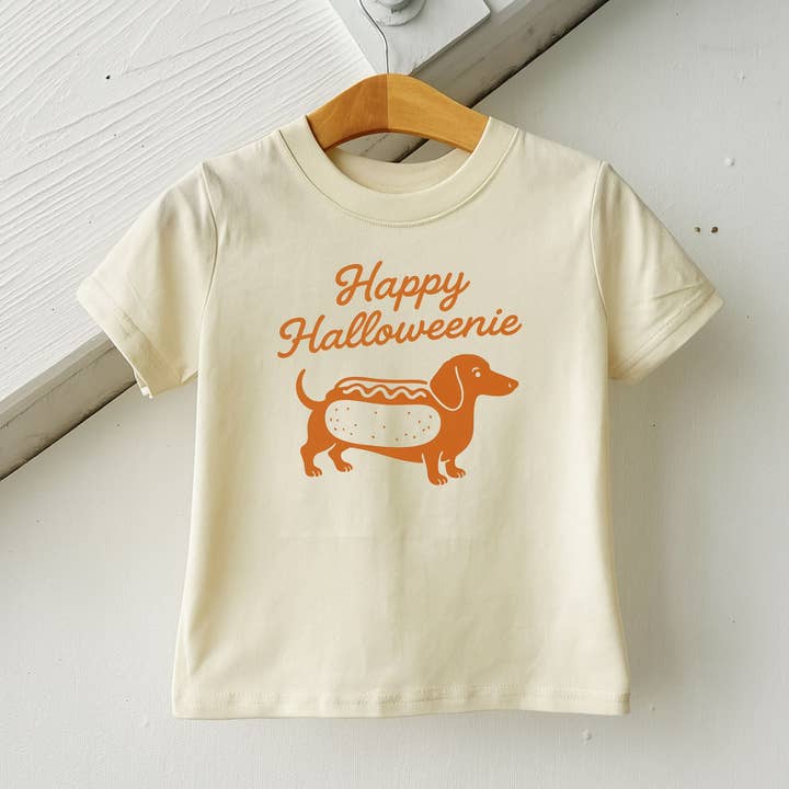 Happy Halloweenie Tee Shirt, Funny Kids Halloween Tshirt for wholesale by The Wishing Elephant
