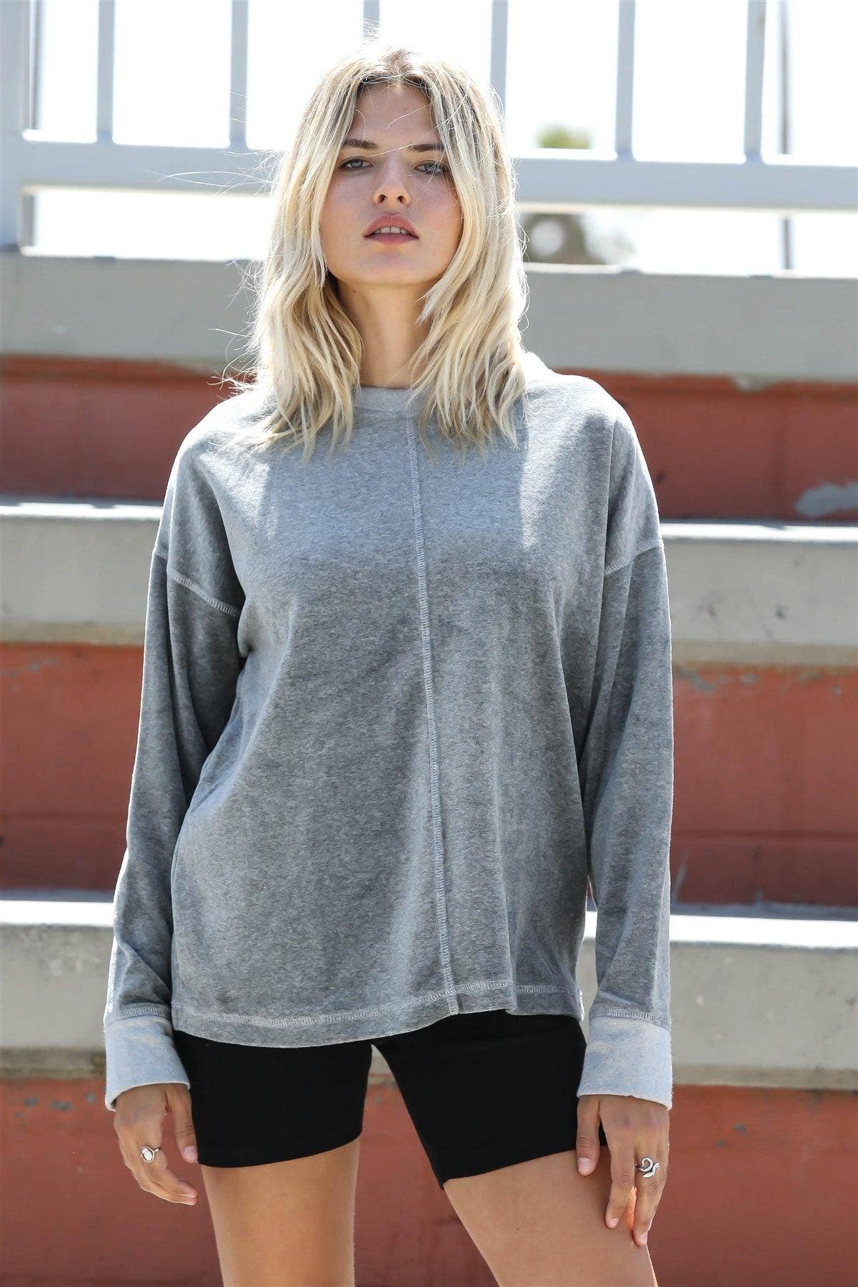 Charcoal Cotton Bland Velour Long Sleeve Sweatshirt for wholesale on Faire0